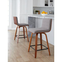 LumiSource Vasari Mid-Century Modern Fixed-Height Barstool With Swivel In Walnut Wood And Grey Fabric With Square Black