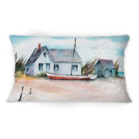 East Urban Home House And A Boat On A Beach - Nautical & Coastal Printed Throw Pillow 1