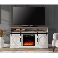 Gracie Oaks Fireplace TV Stand For Tvs Up To 65 Inch With Storage Cabinet, Sliding Barn Door, 2 Heating Mode, 5 Brightne