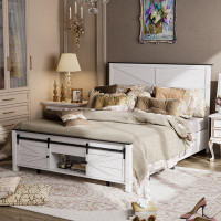 Gracie Oaks Holtman Farmhouse Queen Size Bed Frame with Wood Headboard and Sliding Barn Door Storage Cabinets