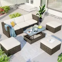 Latitude Run® Patio Furniture Sets, 5-Piece Patio Wicker Sofa With Cushions, Ottomans And Lift Top Coffee Table