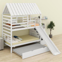 Harper Orchard Twin Over Twin House Bunk Bed With Trundle And Slide, Storage Staircase, Roof And Window Design