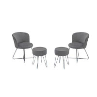 Corrigan Studio Cairon Sansa Chair With Benny Stool Set In Grey Velvet And Chrome Metal Frame ( Includes 2 Chairs And 2