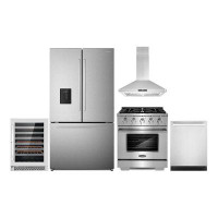 Cosmo 5 Piece Kitchen Package With 30" Freestanding Gas Range 30" Island Range Hood 24" Built-in Fully Integrated Dishwa
