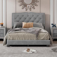 Winston Porter Full Size Upholstered Bed Frame With Rivet Design, Modern Velvet Platform Bed With Tufted Headboard