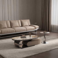LORENZO Italian light luxury modern simple oval coffee table set (1 coffee table and 1 small table)