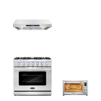 Cosmo 3 Piece Kitchen Package With 36" Freestanding Gas Range 36" Under Cabinet Range Hood & 20" Electric Air Fryer Toas