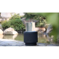 Latitude Run® Cement Round Black Ribbed Outdoor Water Fountain With Light (Colour Change)