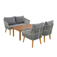 Ikkle 4-Pc Solid Wood Patio Set w/ Loveseat, Chairs, & Table - Cushioned Conversation Group,Dark Grey