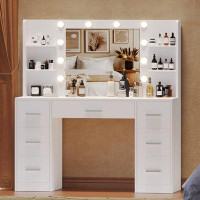 Latitude Run® Raafay Vanity Table with Lights, Makeup Table with 7 Drawers and Side Shelf
