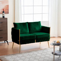 House of Hampton Mid Century Modern Velvet Loveseat Sofa Small Love Seats Handmade Woven & Golden Legs Comfy Couch For L