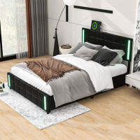 Ivy Bronx Longlier Queen Size Upholstered Platform Bed with LED Lights,USB Charging,4 Drawers