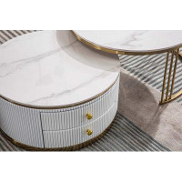 Everly Quinn Modern Nesting MDF Coffee Table Set Of 2, Round White End Table, Sintered Stone Appearance With Gold Finish