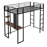 Mason & Marbles Twin Metal Loft Bed with 2 Shelves and one Desk ,BLACK