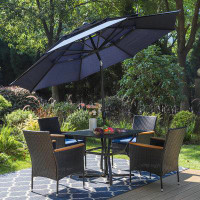 Lark Manor 5-piece Metal Patio Outdoor Dining Set With Umbrella, Navy Blue Cushions, Square Wood-like Table Top Table