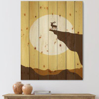 East Urban Home Minimalistic Deer At Sunset On Mountain Top Sunset - Lake House Print On Natural Pine Wood