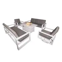 Hokku Designs 5 Piece Patio Dining Set Fire Pit Table with 2 Swivel Chair + 2 x 3 Seater Sofa