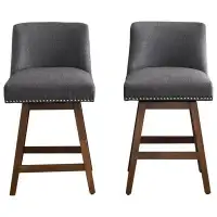 Everly Quinn Set of 2 Modern Linen Fabric High Back Counter Stools with Ergonomic Design and Wood Frame