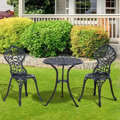 Antique 3pc Cast Aluminum Bistro Dining Table & Chair Set for Outdoor Garden Patio Deck - Black