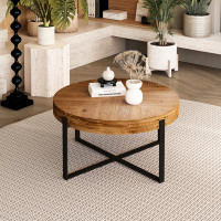 Millwood Pines Retro-Inspired Modern Splicing: Round Coffee Table With Fir Wood Table Top And Cross Legs Base