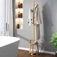 Latitude Run® Coat Rack freestanding Stand with Shelf Bamboo Wooden Coat Tree 8 Hooks Standing Hanger