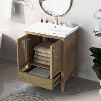 Wildon Home® Bathroom Vanity with Ceramic Basin, TwoRattan Doors and Drawer