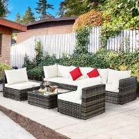 Latitude Run® Latitude Run® 7pcs Patio Rattan Furniture Set Sectional Sofa Garden White Cushion