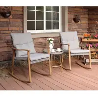 Rosecliff Heights Rosecliff Heights 4-Piece Fire Table Patio Faux Woodgrain Rocking Chair Bistro Set, Warm Grey Cushions