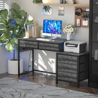 17 Stories Computer Desk With 5 Drawers, Reversible Office Desk With Power Outlets And USB Charging Ports, Sturdy Writin