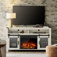 Red Barrel Studio Fireplace Modern Farmhouse Tall TV Stand With Sliding Mesh Doors For 65 Inch TV, Antique White Enterta