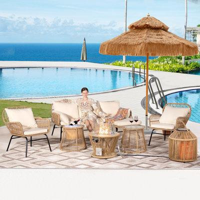 Bay Isle Home™ Tomeny 8 Piece Patio Conversation Set with Firepit Table and Cushions in Patio & Garden Furniture