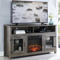 Gracie Oaks Modern Farmhouse TV Stand With Electric Fireplace With Storage Cabinet And Adjustable Shelves Industrial Ent