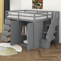 Harriet Bee Full Size Wood Loft Bed With Built-In Wardrobes, Cabinets And Drawers