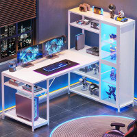 Latitude Run® L Shape Gaming Desk, 59'' Computer Desk With Led Light And Bookshelf, L Shaped Corner Desk With Storage Sh