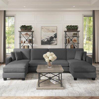 Wade Logan Latitude Run® Amarionna 130W Sectional Couch With Double Chaise Lounge In Turkish Blue Herringbone