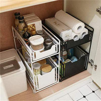 Rebrilliant Stackable 2-Tie Under Sink Cabinets Organizer With Sliding Storage Drawer, Pull Out Cabinets Organizer Shelf