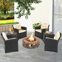 Lark Manor Aneri Red Barrel Studio® 7pcs Patio Rattan Wicker Furniture Set Gas Fire Pit Table Sofa Cushion