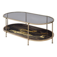 Mercer41 Parkdale Coffee Table with Glass Top in Black Marble Print and Gold