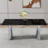 Ivy Bronx Modern Minimalist Dining Table. The Black Imitation Marble Glass Desktop Is Equipped With Silver Metal Legs. S