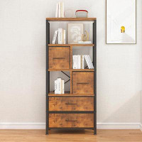 17 Stories 5 Tier Bookshelf, Tall Bookcase With Shelves And Drawers, Farmhouse Book Shelf Storage Organizer, Wood And Me
