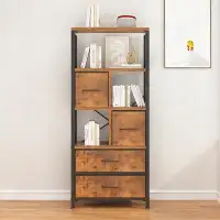 17 Stories 5 Tier Bookshelf, Tall Bookcase With Shelves And Drawers, Farmhouse Book Shelf Storage Organizer, Wood And Me