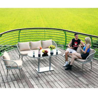 George Oliver 3 Pieces Patio Conversation Set With Glass Table Grey Hand Woven PE Rattan Outdoor Furniture Set