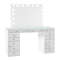 Latitude Run® SlayStation Pro 2.0 Mirrored Makeup Desk with Vanity Mirror, 5 Drawers Vanity Desk with Lighted