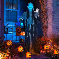 The Holiday Aisle® 6FT Hanging Grim Reaper Animated Halloween Decorations With Light-Up Head, Lamp & Creepy Voice, Ghost