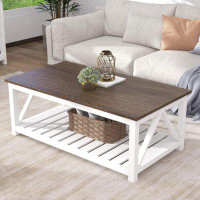 August Grove Farmhouse Coffee Table, Rustic Vintage Living Room Table With Shelves, Sofa Side Table