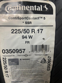 4 Brand New Continental ContiSportContact 5 SSR Runflat  225/50R17 tires  $100 REBATE!! *** WallToWallTires.com ***