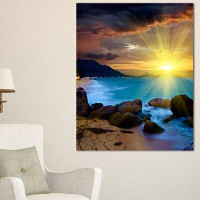 Design Art Bright Yellow Sun Over Blue Waters Modern Beach Photographic Print on Wrapped Canvas