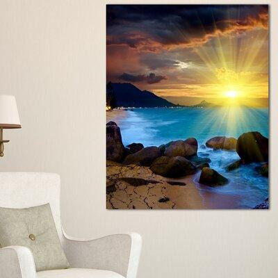 Design Art Bright Yellow Sun Over Blue Waters Modern Beach Photographic Print on Wrapped Canvas in Arts & Collectibles