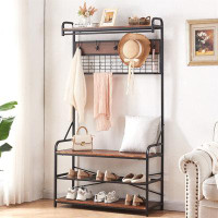 17 Stories 5-In-1 Entryway Hall Tree With Shoe Bench, Coat Rack With 11 Hooks And 2 Hanging Rods, Grid Panel For Memo An