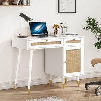 Bay Isle Home™ Pifer 39.4'' White Rattan Writing Desk With Drawer Cabinet Laptop Computer Work Study Table